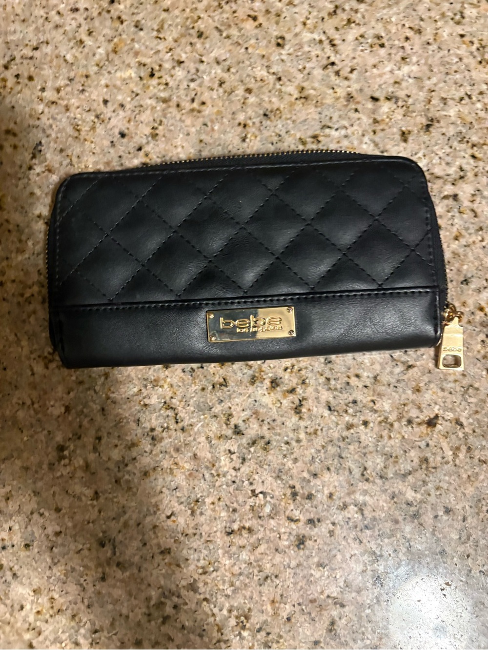 bebe Black Quilted Zip Wallet with Gold Hardware